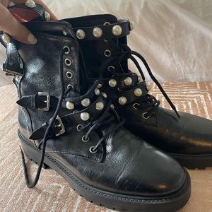 Zara pearl moto books. Two missing pearls on the inside of the right boot.
